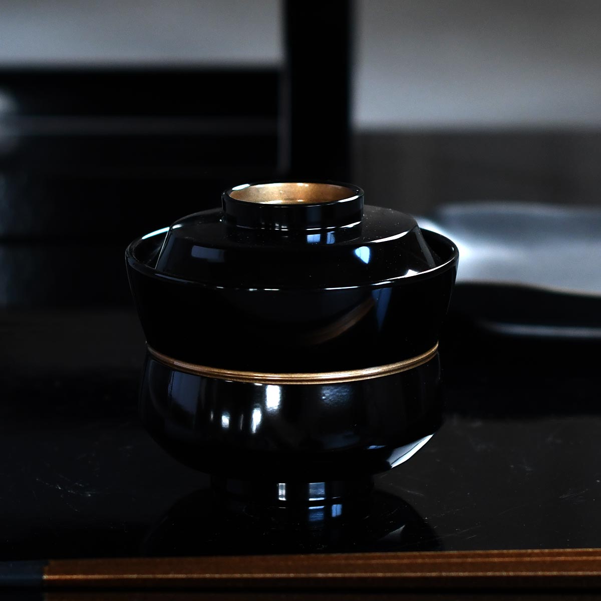 【取り寄せ商品】越前漆器 3.2寸杵型椀 黒つば金ライン 67901-560