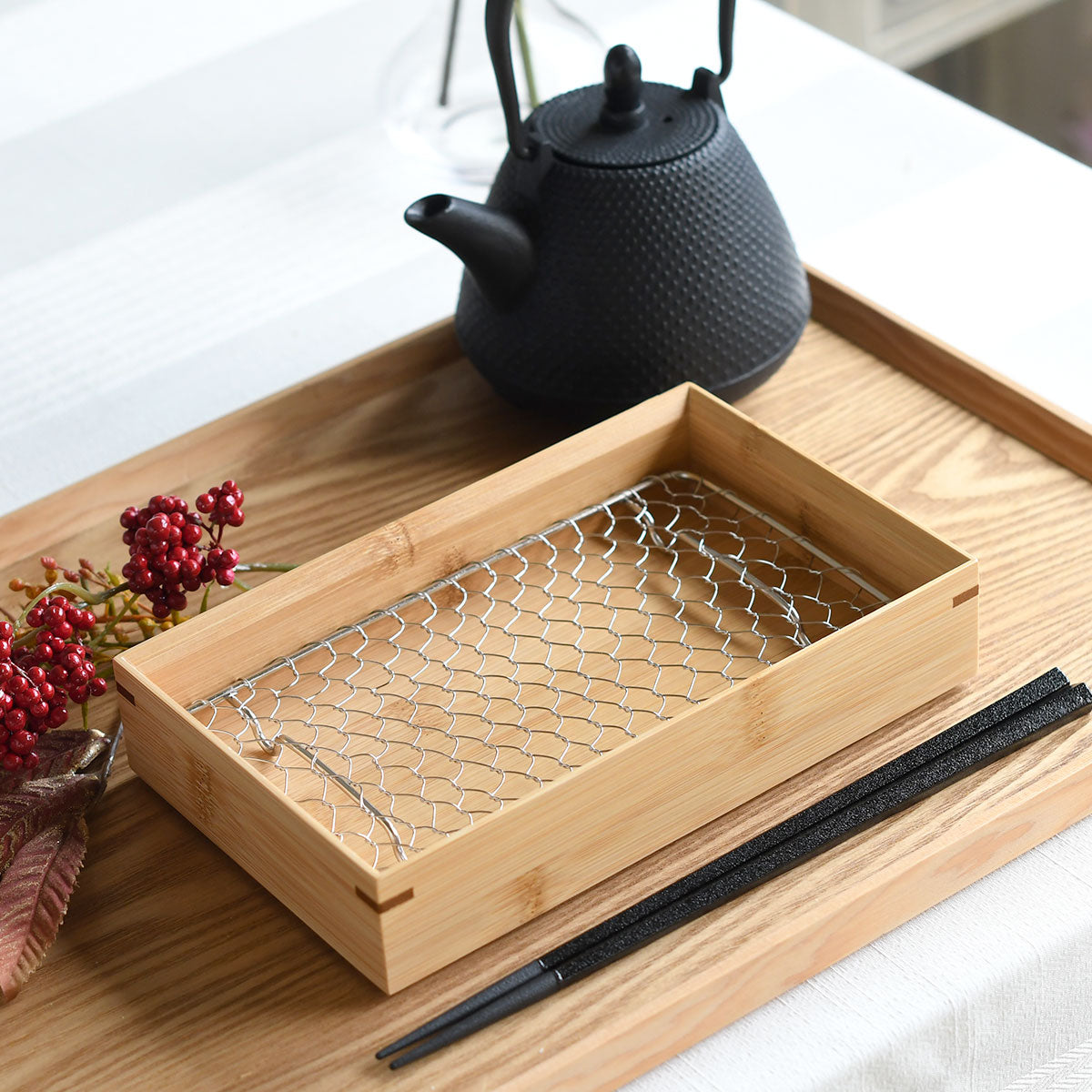 【取り寄せ商品】用美 YOUBI 竹・天ぷら盛皿(ステンレス目皿付) 長角 クリアー 18269