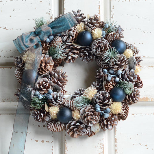 リボンリース ホワイトパイン＆ネイビーボール 35cm r32m