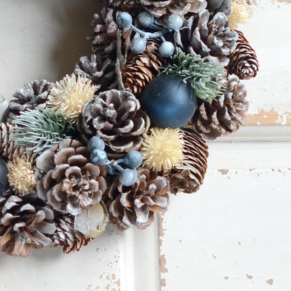 リボンリース ホワイトパイン＆ネイビーボール 35cm r32m