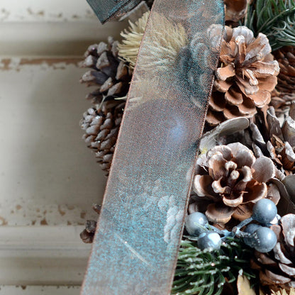 リボンリース ホワイトパイン＆ネイビーボール 35cm r32m