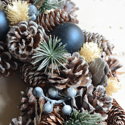 リボンリース ホワイトパイン＆ネイビーボール 35cm r32m