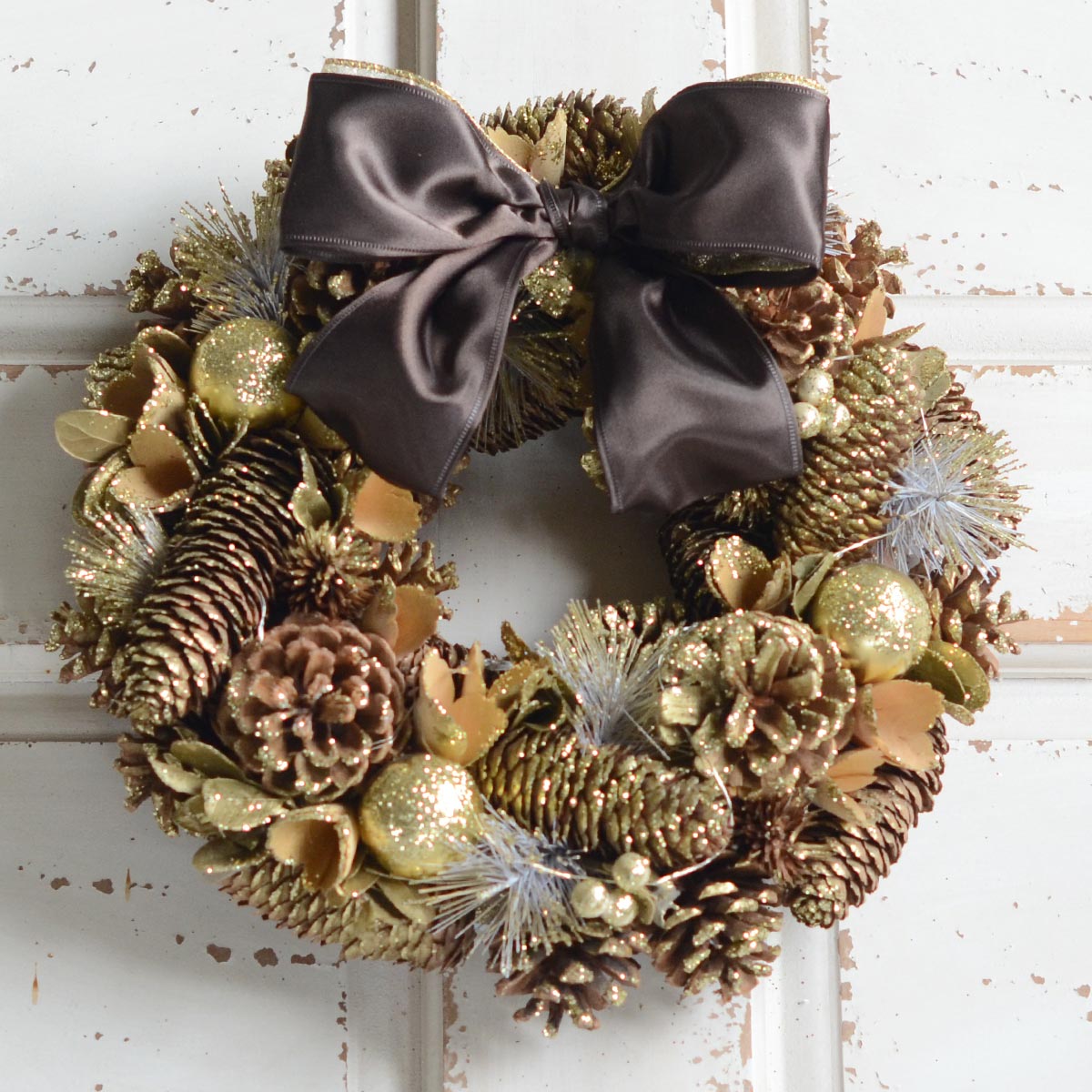 LEDリボンクリスマスリース ゴールドグリッター パイン＆ボール rl49m