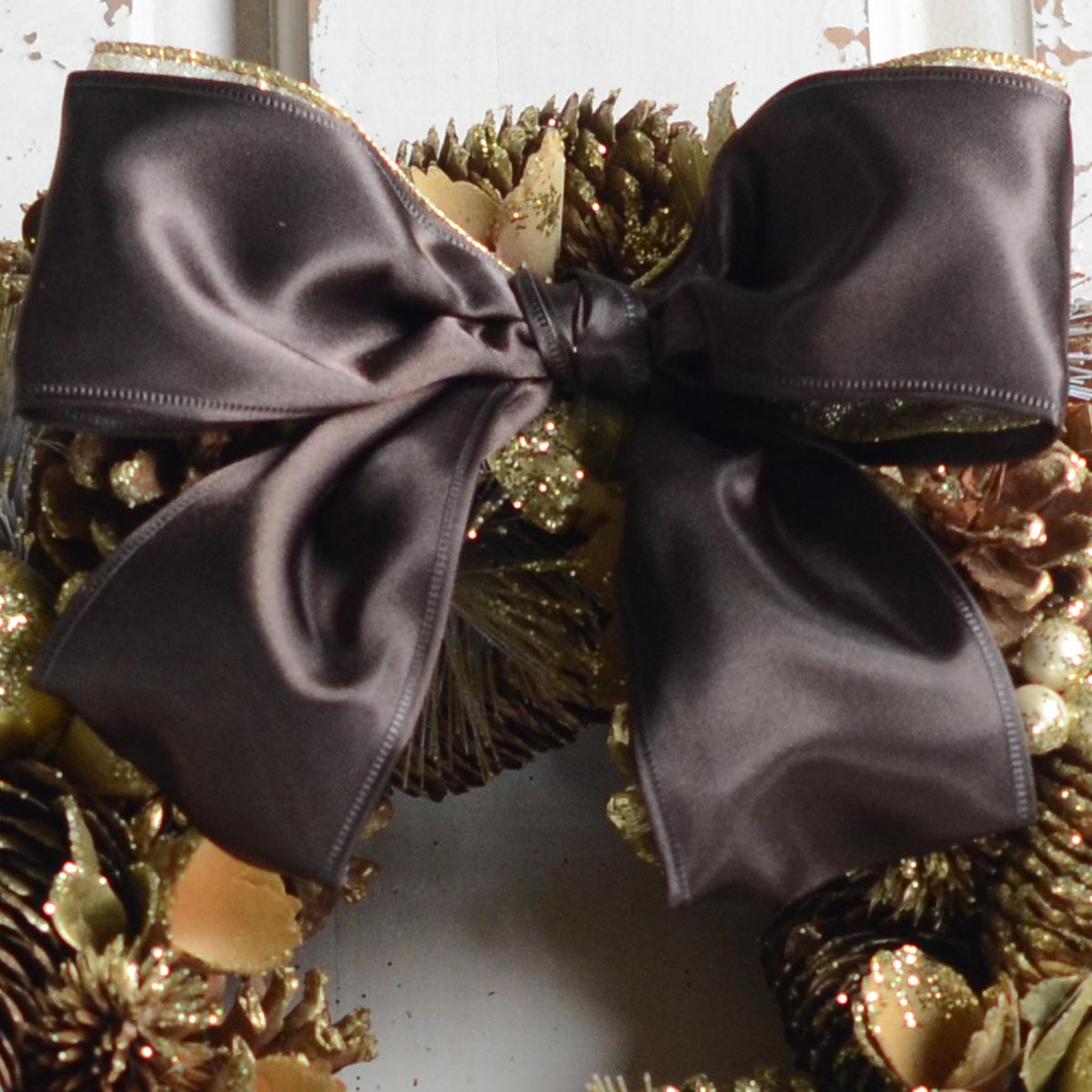 LEDリボンクリスマスリース ゴールドグリッター パイン＆ボール rl49m