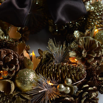LEDリボンクリスマスリース ゴールドグリッター パイン＆ボール rl49m