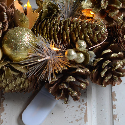 LEDリボンクリスマスリース ゴールドグリッター パイン＆ボール rl49m